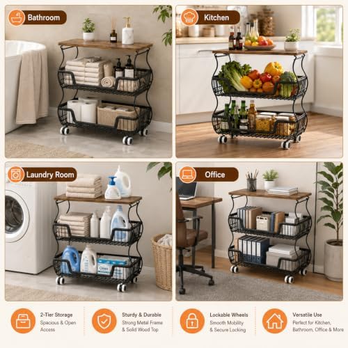 Fruit and Vegetable Storage, 2 Pack 3 Tier Fruit Basket with Wooden Top Table Kitchen Pantry Storage Bins and Organizers, Stackable Metal Rolling Cart for Vegetable Snacks Drinks Onion Organization - Image 3