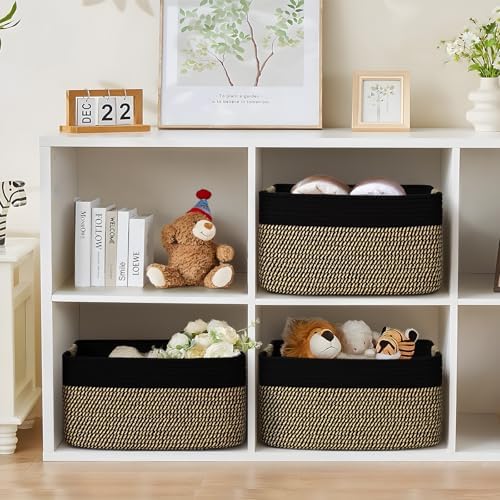 2 Pack Large Storage Basket for Organizing, 17.5"x13"x7" Woven Basket for Shelves, Closet Cube Storage Bins with Wrapped Handle, Cotton Rope Baskets for Kitchen, Clothes, Toys(Black & Brown) - Image 6