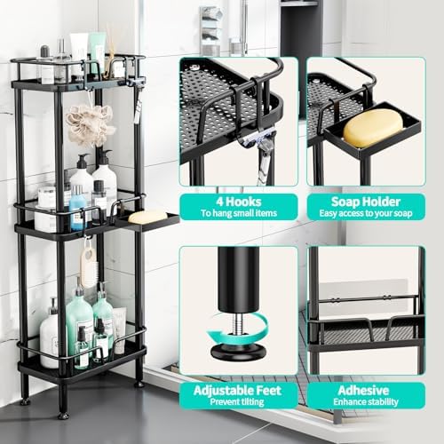 HapiRm Standing Corner Shower Caddy - 3 Tier Corner Shower Organizer with Soap Holder, Rustproof Stainless Steel Bathroom Shelf with 4 Hooks, Black - Image 2