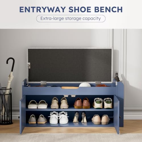 39.4" Storage Bench - Entryway Shoe Bench with Side Storage Shelves and 2 Doors, Multifunctional Entryway Bench with Lift Top Cushion, Shoe Storage Bench for Bedroom, Living Room, Navy Blue - Image 3