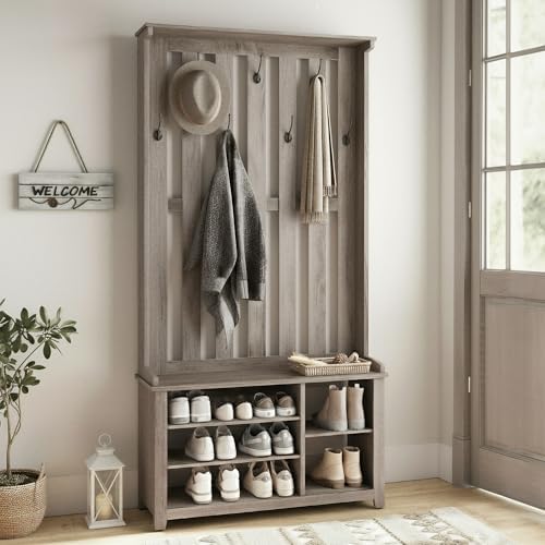 VASAGLE Hall Tree with Bench and Shoe Storage, 7 Double Hooks by VASAGLEbySONGMICSHOME