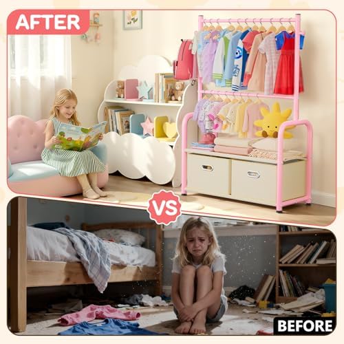 Kids Clothing Rack 2 Tier Baby Closet Pink Toddler Dress up Racks - Image 5
