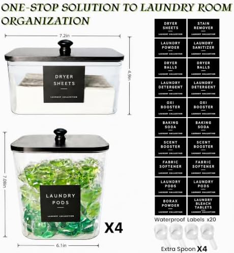 5 Pack Laundry Pods Container, Clear Laundry Room Organization Containers,Large Detergent Powder Storage, Black Wooden Lids & Labels and Scoops for Scent Booster, Powder, Pods - Image 2