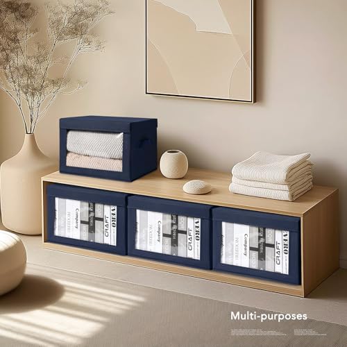 Homsorout Organizing Bins with Lid - 4 Pack Foldable Clear Window Storage Bins, Large Storage Boxes with Handles, Storage Containers for Clothes, Towel, Blanket, Sheet, Navy Blue - Image 6