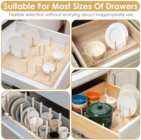 4 Pcs Pegboard Drawer Organizer with 48 Pegs, 20.98x5.91 Inch Wooden Peg Board Kitchen Plate Organizer for Drawer Pegboard Storage Rack with Adjustable Peg for Tableware, Plate, Bowl, Cookware - Image 4