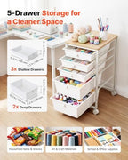 VEVOR Rolling Cart with Drawers, 5 Drawer Storage Organizer, Mobile Utility Cart with Wood Top, Steel Frame, Universal Casters & 2 Brakes, for Office, Classroom, Craft Supplies, Bedroom, Makeup, White - Image 2