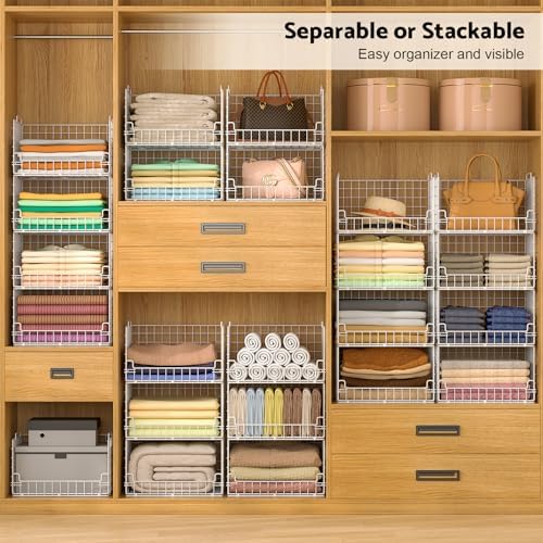 6-Tier Stackable Closet Organizers and Storage Basket - Foldable Closet Shelf Organizer System, Sturdy Metal Space-Saving Clothes Storage Bins for Wardrobe, White - Image 3