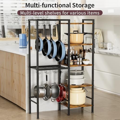 5-Tier Pot and Pan Organizer Rack with Hooks, Heavy-Duty Kitchen Storage Shelf for Cookware, Dishes, and Utensils, Freestanding Metal Pot Rack Organizer for Kitchen, Pantry, or Dining Room - Image 3