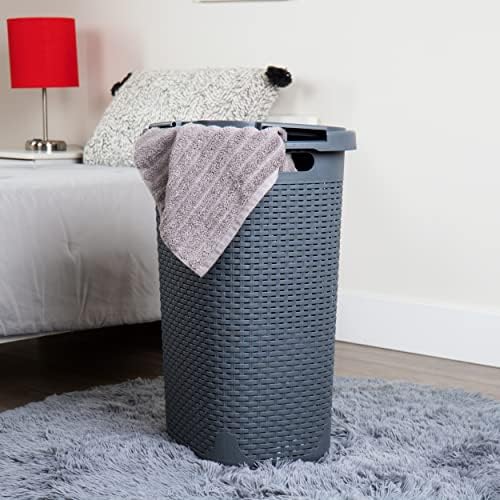 Mind Reader 60L Slim Laundry Hamper, Clothes Basket, Lid, Wicker Style, Plastic, 17.65"L x 13.75"W x 24.15"H, Set of 2, Gray - Image 2