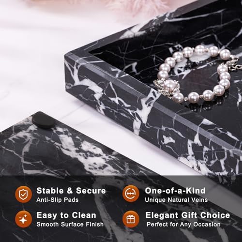 Marble Bathroom Tray for Countertop & Home Decor, Natural Decorative Marble Tray for Jewelry & Perfume Organizer, Luxury Stone Vanity Trays for Dresser, Kitchen Counter, 12" x 8", Black - Image 2