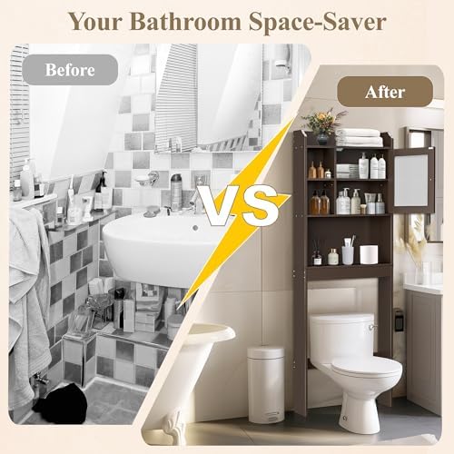ZENY Over The Toilet Storage Cabinet, Bathroom Organizer with Adjustable Shelf and Double Doors, Freestanding Bathroom Space Saver Toilet Rack (Brown) - Image 4