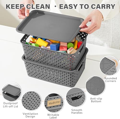 10 Pack Small Plastic Storage Bins with Lids, Stackable Plastic Storage Baskets for Organizing with Handles, Organizer Bins with Labels for Room,Craft,Containers for Pantry Organizers and Storage,Grey - Image 3