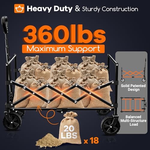 Originsure 110L Portable Collapsible Wagon Cart, 360lbs Heavy Duty, Khaki - Image 5