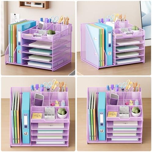Lavatino 5-Tier Desk Organizer with 2 File Holders, Metal Adjustable Paper Letter Tray for Office or Home Desk Organizers and Accessories | 7 Flexible Dividers Keep Workspace Supplies Neat, Purple - Image 5