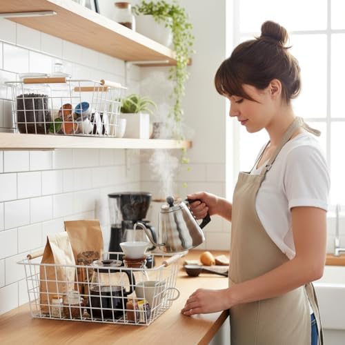 4 Pack White Metal Wire Food Storage Basket Organizer with Wooden Handles for Organizing Kitchen Cabinets Large - Image 4