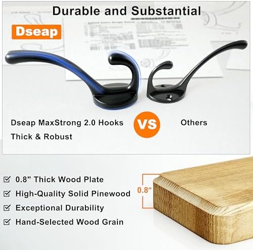 Dseap Wall Mounted Coat Rack: Patented, Heavy-Duty, 17.4" Long 5-Double-Hooks Wooden Hanger Rail for Winter Coats, Hat, Jacket, Clothing - Natural & Black, Pack of 2 - Image 2