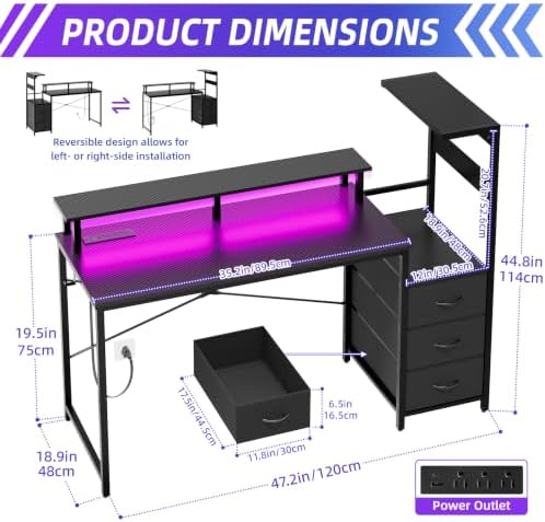 SUPERLELE Gaming Desk with Power Outlet, LED Lights, Storage Shelf & Drawer - Image 3