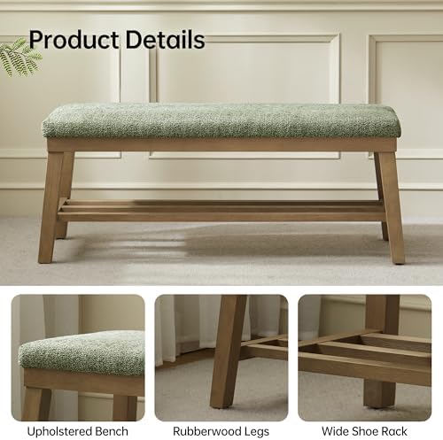 VKNOW Entryway Bench, Storage Shoe Bench with Rubberwood Legs, Green - Image 5