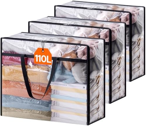 Lifewit 3 Pack Clear Clothes Storage Bags, 110L Plastic Blanket Storage Bag, Vinyl Foldable Moving Bags with Zipper, Closet Organizers and Storage Containers for Bedding, Duvet, Comforter by Lifewit