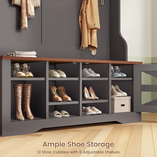 Itaar Hall Tree with Bench and Shoe Storage, 5-in-1 Entryway Bench with Coat Rack, 10 Shoe Cubbies & 9 Coat Hooks, Barn Door & Adjustable Shelf (Black) - Image 5