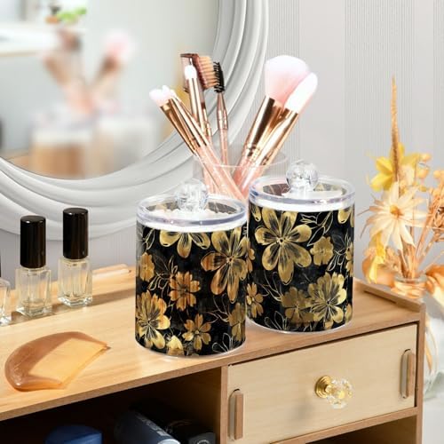 Fustylead 4 Pack Black and Gold Floral Qtip Holder Dispensers for Cotton Swab, Ball, Round Pads, Floss, Plastic Apothecary Jar Set for Bathroom Canister Storage - Image 5
