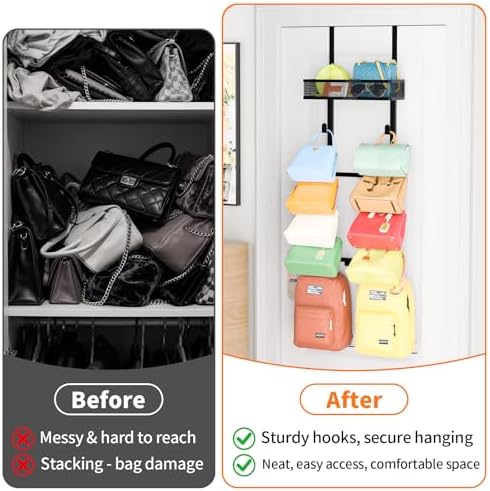 Kaiferty Over The Door Purse Organizer for Closet, Over the Door Hooks Wall Mounted Handbag Rack with 12 Hooks & Metal Basket, Holds up to 12 Bags, Use as 1 or 2 Pieces, for Door, Closet Black - Image 6