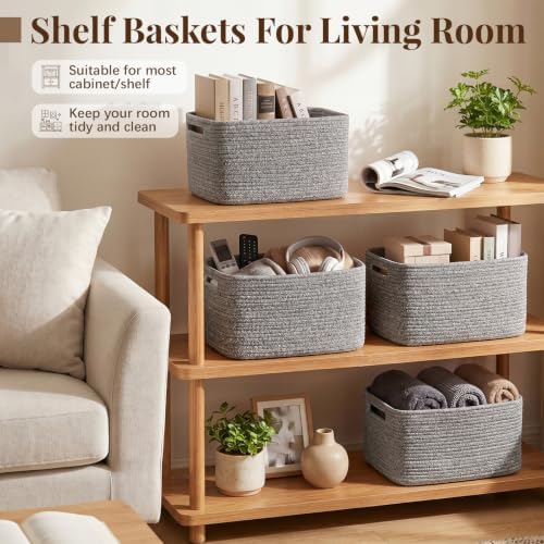 OIASKET 4Packs Natural Cotton Rope Storage Baskets for Organizing Toys, Clothes, Towels & Books, Soft Versatile Organizers for Shelves, Home Decorative Bins, 13''Lx9''Wx7.8''H, Grey - Image 6