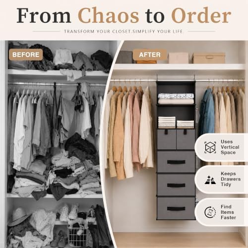 6-Shelf Hanging Closet Organizer with 5 Drawers, Gray - Black Handles - Image 7