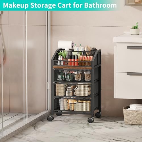 HapiRm Rolling Makeup Organizer Cart- Under Desk Vanity Storage with 3 Drawers, Floor Nail Cart Skincare Organizers Cosmetics Display Cases for Nail Polish Perfume Makeup Brush Hair Tool, Black - Image 5