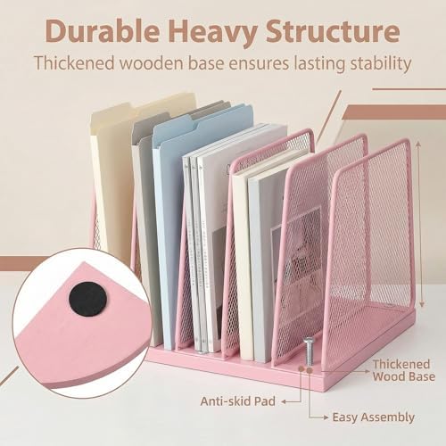 5-Section Vertical File Organizer for Desk, Sturdy Wood Base & Metal Mesh Desktop File Holder, Upright Paper Folder Sorter for Office Supplies（Pink） - Image 3