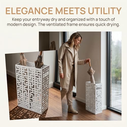 BEWBBAT Umbrella Holder Stand for Entryway, Square Metal Umbrella Rack, Freestanding Rectangular Hollow Rack for Home Office, 16 x 10 x 5 Inch, White - Image 4