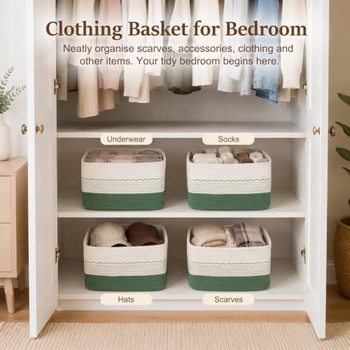 OIASKET 4 Pack Storage Baskets for Organizing, 13"X9"X7.87", Decorative Cotton Rope Baskets for Shelves, Small Woven Basket for Toys, Books and Towels, Green & White - Image 7