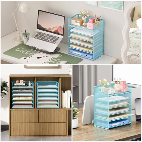 Subekyu 6-Tier Desk Paper Organizer, Desktop File Letter Tray with Handle, Document Sorter and Accessories Holder for Office, Home and School Workspace Organizers, Blue-2 Pack - Image 2