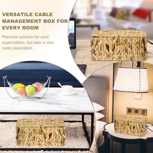BTSKY Woven Cable Management Box with Lid Water Hyacinth Cord Organizer, L - Image 6