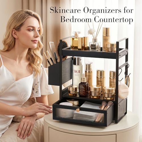 2-Tier Bathroom Counter Organizer with Acrylic Drawer & Basket, Wood Bathroom Countertop Organizer for Bathroom Decor, Rustic Black Bathroom Organizers and Storage, Bathroom Shelf for Office, Kitchen - Image 2