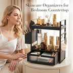 2-Tier Bathroom Counter Organizer with Acrylic Drawer & Basket, Wood Bathroom Countertop Organizer for Bathroom Decor, Rustic Black Bathroom Organizers and Storage, Bathroom Shelf for Office, Kitchen - Image 2