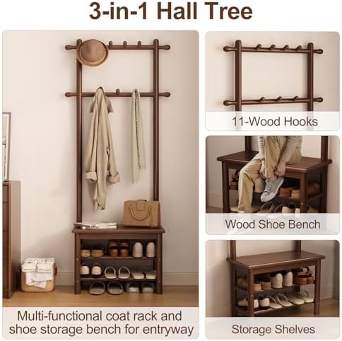 AQIMUELE Hall Tree, Coat Rack with Shoe Storage, Wooden Hall Tree with Bench, 11 Hooks and 2-Tier Storage Shelves, Entryway Bench with Coat Rack (23.6" - Deep Walnut) - Image 3