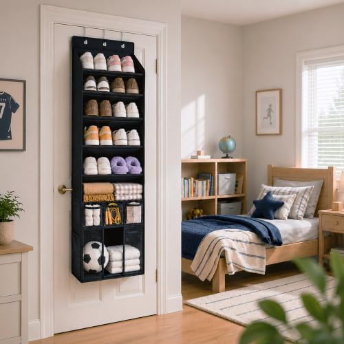 3in1 Over The Door Shoe Organizer with 5 Slanted Compartments,Removable Storage Bin & Transparent Pockets,Thickened Waterproof Oxford Fabric Shoes Rack for Shoes,Boots,Toys,Daily Essentials. (Black) - Image 6