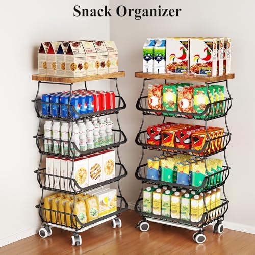 SAYZH 5-Tier Fruit and Vegetable Basket Stand for Kitchen, Wood Top, Black - Image 6