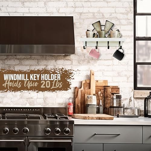Windmill Key Holder Wall Mount, Decorative Wall Mounted Key and Mail Rack with Shelf, Farmhouse Wall Decor, 4 Rustic Hooks for Coats & Keys, White Western Key Holder. - Image 4