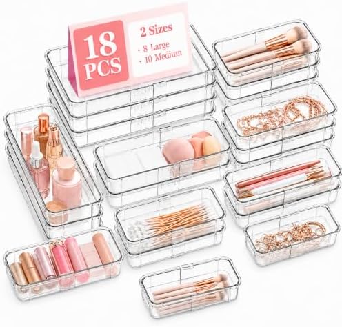 18 Pcs Clear Adjustable Drawer Organizer, 2-Size Desk Drawer Organizer Box, Acrylic Storage Bins for Makeup, Cosmetic, Kitchen Utensils, Bedroom Dressers Tool Organizer for Gadgets (18) by Unknown