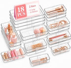 18 Pcs Clear Adjustable Drawer Organizer, 2-Size Desk Drawer Organizer Box, Acrylic Storage Bins for Makeup, Cosmetic, Kitchen Utensils, Bedroom Dressers Tool Organizer for Gadgets (18) by Unknown