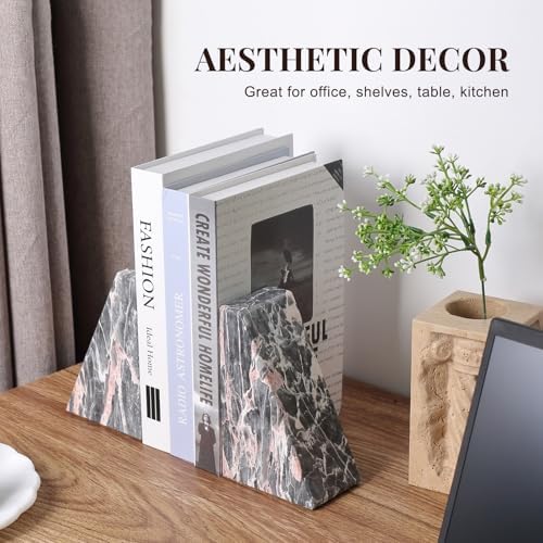 Koville Marble Bookends for Shelves, Large Bookends for Heavy Books, Natural Stone Book Stopper for Books CD Movies, Aesthetic Decorative Book Ends (Grey&Pink) - Image 7