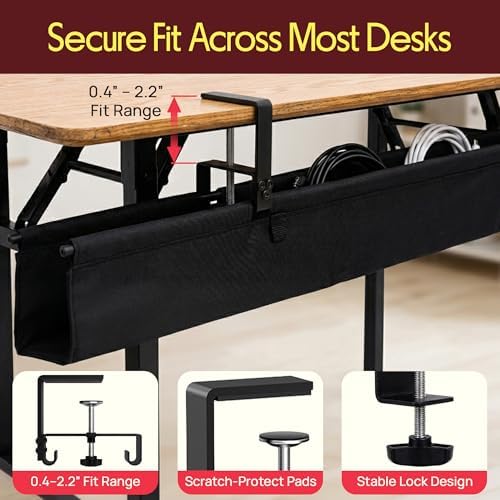Pyle 36" Under Desk Cable Management Tray, Under Desk Wire Organizer with Clamp or Screw Mount, Desk Cable Organizer with Fabric Design for Large Workstations, Built-in Ties, 20 lb Capacity, Black - Image 3