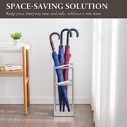 MyGift 20 Inch Tall Modern Silver Tone Metal Geometric Freestanding Entryway Umbrella Rack or Cane Holder with Shelf for Small Umbrellas and Bottom Drip Tray - Image 2