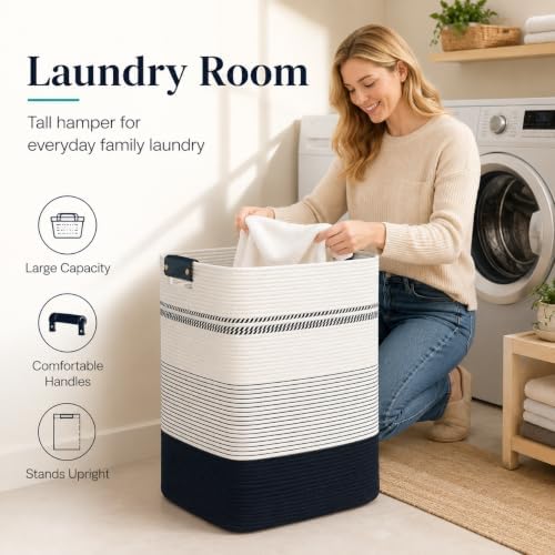 Laundry Hamper, Cotton Rope Laundry Basket with Leather Handles, 21.1-Gallon/80 L Large Clothes Hampers for Laundry, Woven Laundry Baskets for Blankets, Clothing, Bedroom, Living Room, Nursery - Image 4