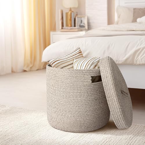 Storage Basket with Lid, Woven Blanket Storage for Living Room, Soft Cotton Rope Bin with Lid, Round Wicker Laundry Basket with Cover, Lidded Kids Dog Toy Bin, Nursery Organizer, 15" x 13" - Image 7