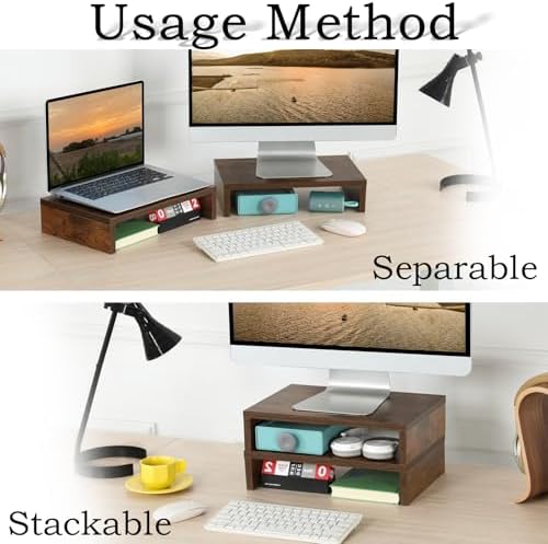 TEAMIX 2-Pack Wood Monitor Riser, Desk Stand for 2 Monitors, Rustic Brown - Image 2