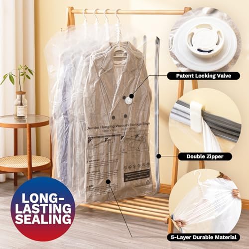 Hanging Vacuum Storage Bags, Space Saver for Clothing, 6 Combo with Pump - Image 3