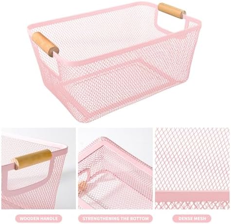 PTSGCAI 2Pack Metal Mesh Steel Basket with Bamboo Handle - Wire Metal Basket for Kitchen Organization, 12" Wide Food Organizer Bin, Perfect for Organizing Bulk Pantry (PINK) - Image 3
